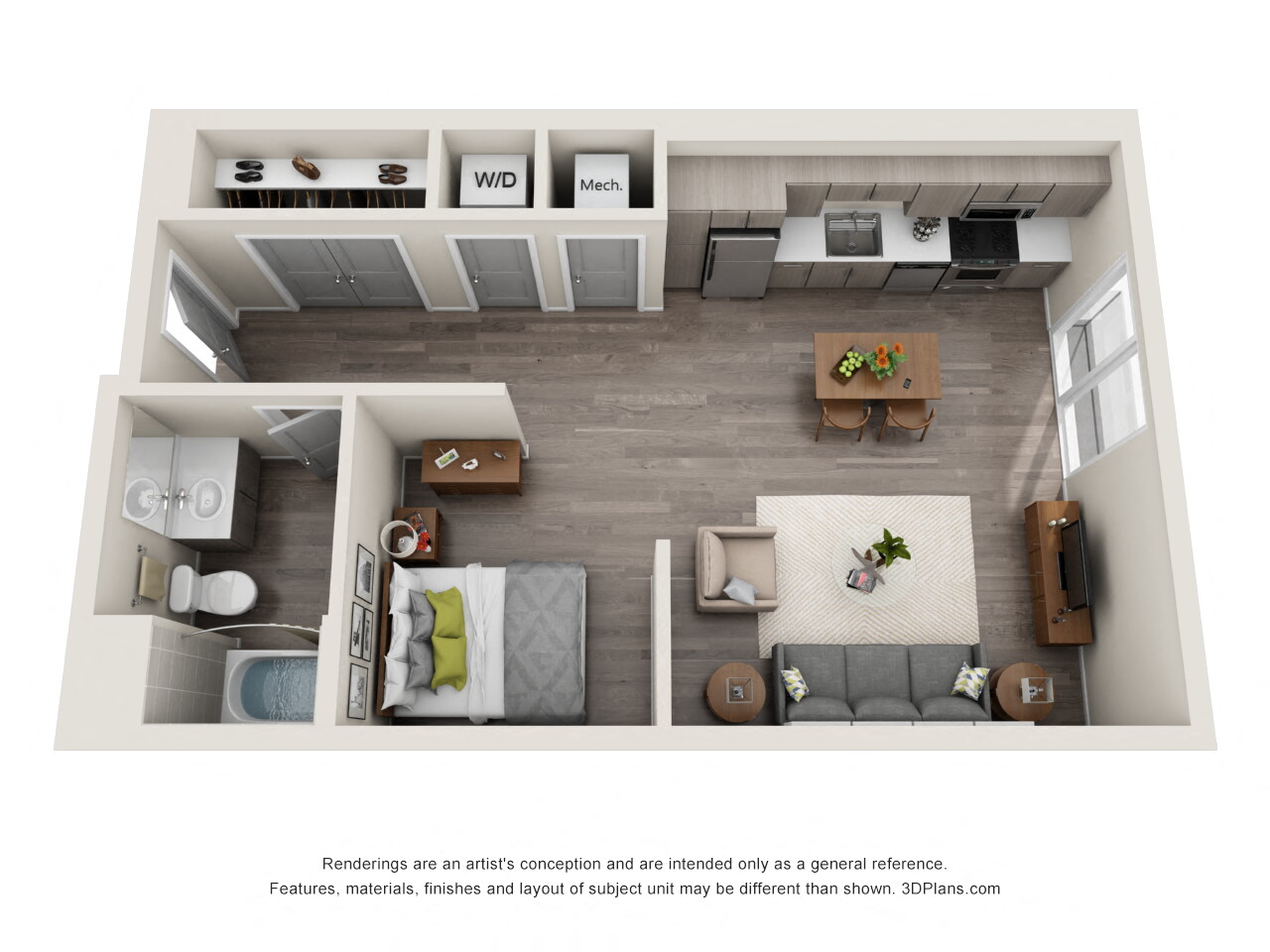 Floor plan for studio, 1 bath, 658 sqft
