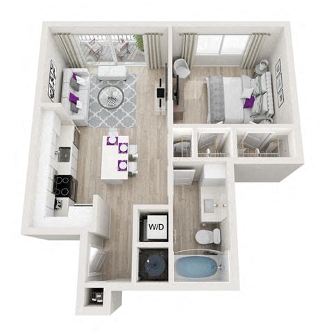 Floor plan for 1 bed, 1 bath, 614 sqft