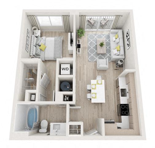 Floor plan for 1 bed, 1 bath, 623 sqft