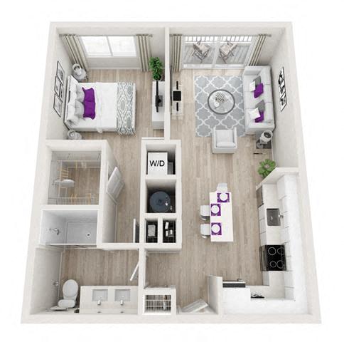 Floor plan for 1 bed, 1 bath, 633 sqft