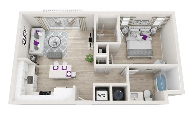 Floor plan for 1 bed, 1 bath, 650 sqft