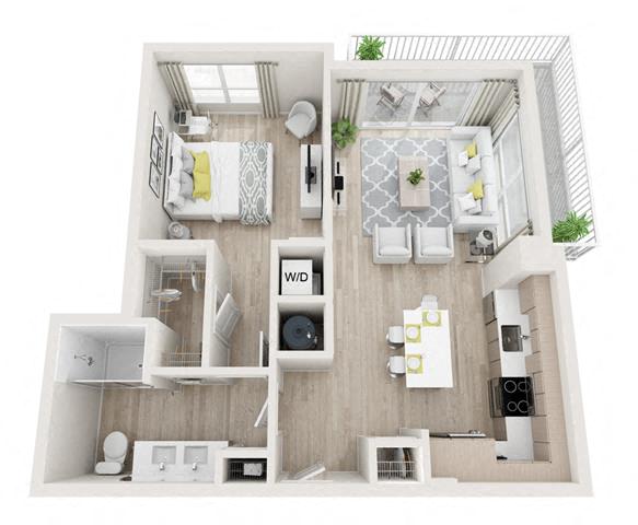Floor plan for 1 bed, 1 bath, 721 sqft