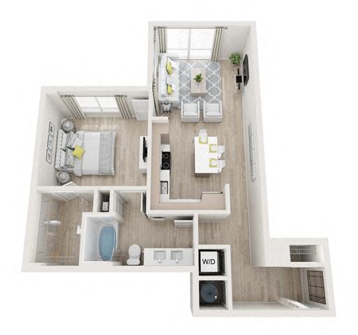 Floor plan for 1 bed, 1 bath, 740 sqft