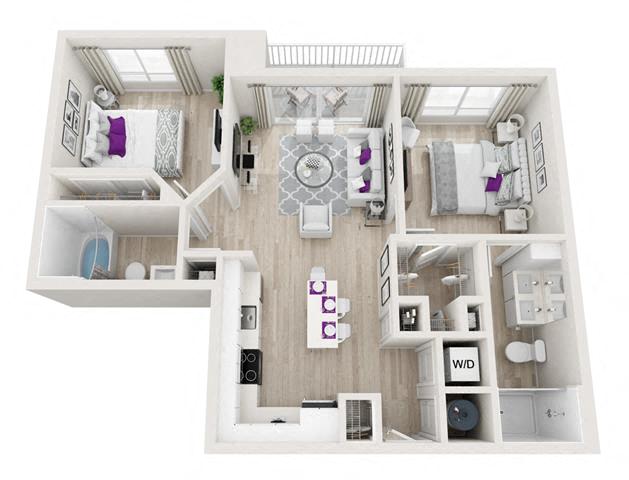 Floor plan for 2 beds, 2 baths, 879 sqft