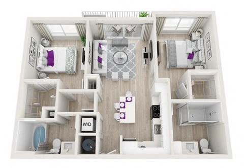 Floor plan for 2 beds, 2 baths, 965 sqft