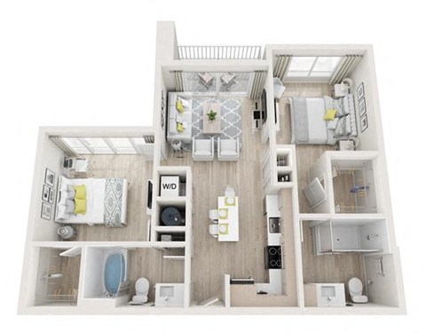 Floor plan for 2 beds, 2 baths, 881 sqft