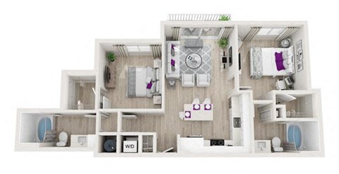 Floor plan for 2 beds, 2 baths, 881 sqft