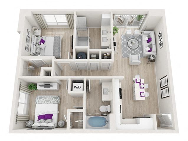 Floor plan for 2 beds, 2 baths, 921 sqft