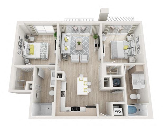 Floor plan for 2 beds, 2 baths, 936 sqft