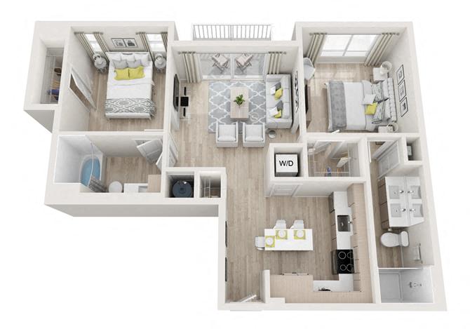 Floor plan for 2 beds, 2 baths, 950 sqft