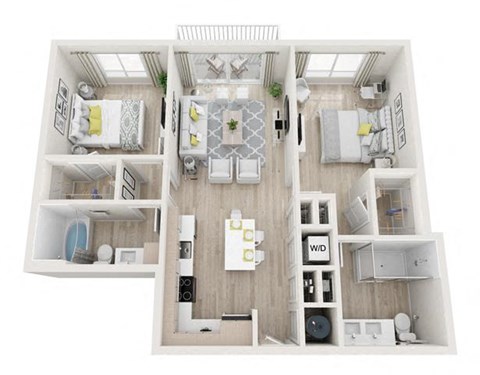 Floor plan for 2 beds, 2 baths, 960 sqft