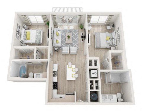 Floor plan for 2 beds, 2 baths, 977 sqft