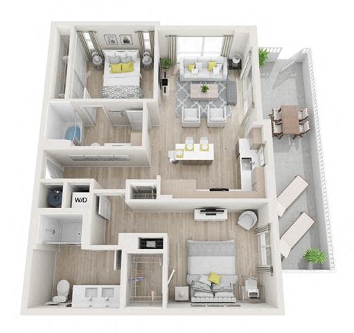 Floor plan for 2 beds, 2 baths, 981 sqft
