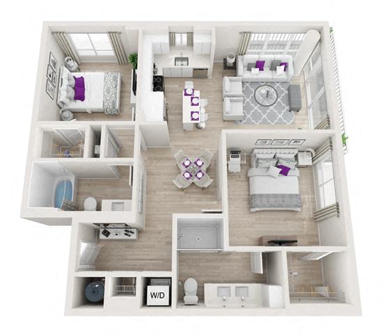 Floor plan for 2 beds, 2 baths, 1045 sqft