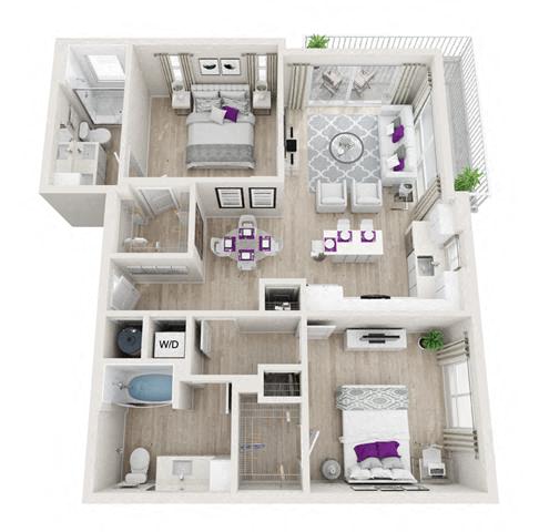 Floor plan for 2 beds, 2 baths, 1050 sqft