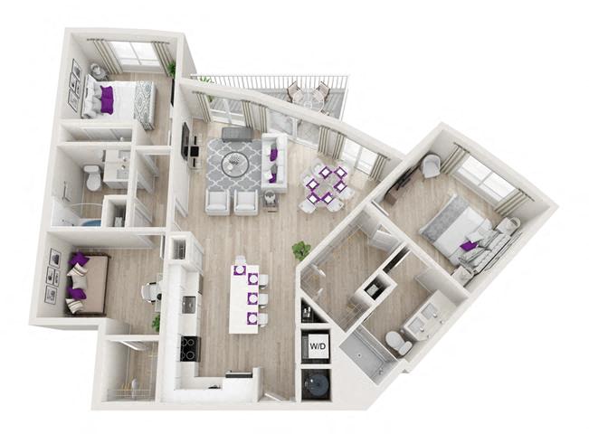 Floor plan for 3 beds, 2 baths, 1283 sqft
