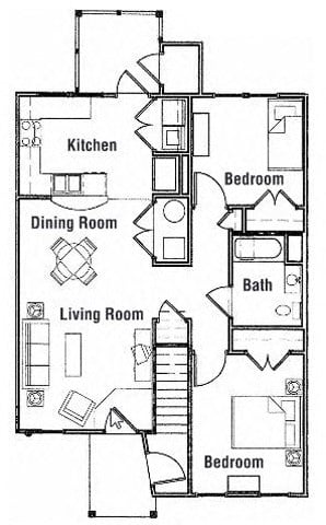 Floor plan for 2 beds, 1 bath, 900 sqft