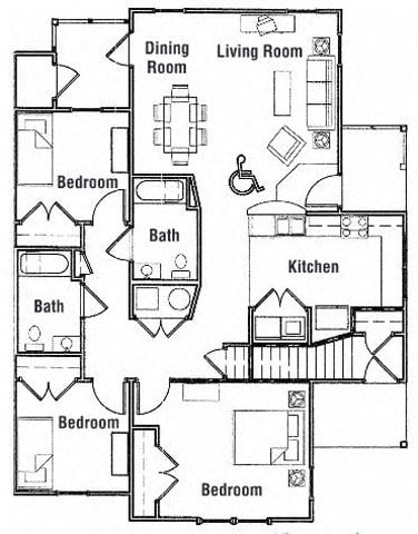 Floor plan for 3 beds, 2 baths, 1100 sqft