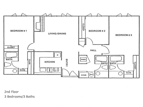 Floor plan for 3 beds, 3 baths, 1650 sqft