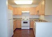 Medford apartment for rent - an empty kitchen with wooden cabinets and white appliances