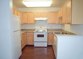 Medford apartment for rent - an empty kitchen with wooden cabinets and white appliances