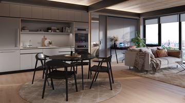 Austin apartment for rent - A modern kitchen with a dining table set for four.