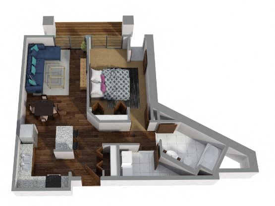 Floor plan for 1 bed, 1 bath, 742 sqft