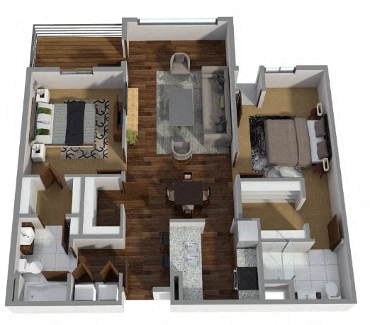 Floor plan for 2 beds, 2 baths, 960 sqft