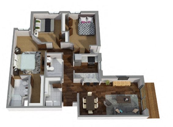 Floor plan for 3 beds, 2 baths, 1325 sqft