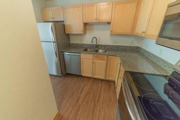 Owatonna apartment for rent - a kitchen with wooden cabinets and a stainless steel refrigerator