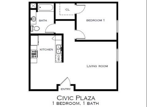 Floor plan for 1 bed, 1 bath, 591 sqft