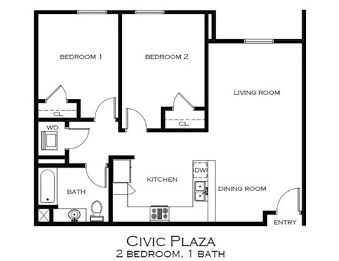 Floor plan for 2 beds, 1 bath, 885 sqft