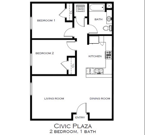 Floor plan for 2 beds, 1 bath, 817 sqft