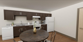 Seattle apartment for rent - a kitchen and dining area with a round table and white appliances
