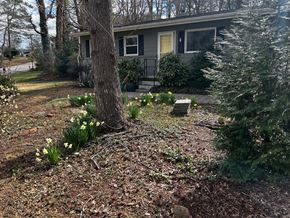 Garner house for rent - A house with a grey siding and a white door is surrounded by a garden with a tree and some flowers.