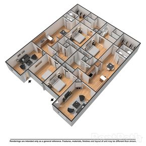 Wake Forest apartment for rent - A 3D floor plan of a multi-unit apartment building with individual units and shared spaces.