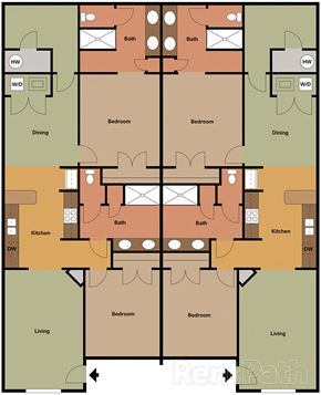 Wake Forest apartment for rent - A floor plan of a house with two bathrooms, two kitchens, four bedrooms, two dining areas, and two living rooms.