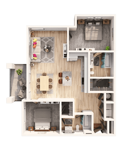Floor plan for 2 beds, 2 baths, 1096 sqft