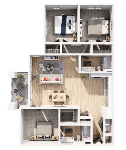 Floor plan for 3 beds, 2 baths, 1291 sqft