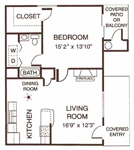 Floor plan for 1 bed, 1 bath, 760 sqft
