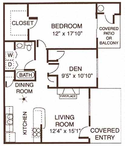 Floor plan for 1 bed, 1 bath, 935 sqft