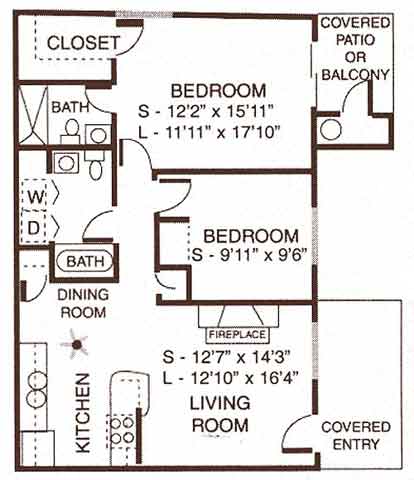 Floor plan for 2 beds, 2 baths, 859 sqft