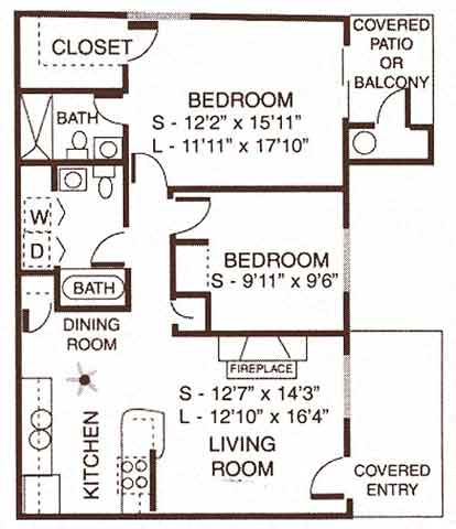 Floor plan for 2 beds, 2 baths, 990 sqft