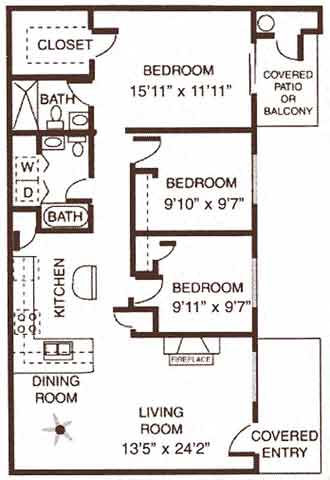 Floor plan for 3 beds, 2 baths, 1185 sqft