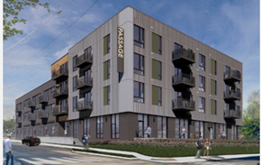 Indianapolis apartment for rent - A modern apartment building named Passage with balconies on each floor.