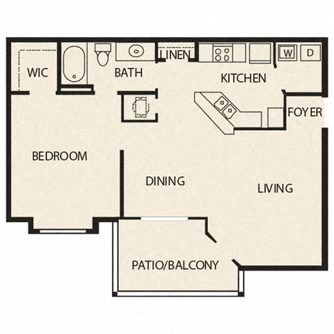 Floor plan for 1 bed, 1 bath, 752 sqft