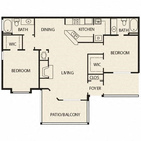 Floor plan for 2 beds, 2 baths, 1256 sqft