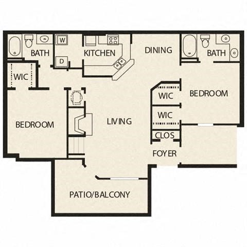 Floor plan for 2 beds, 2 baths, 1314 sqft