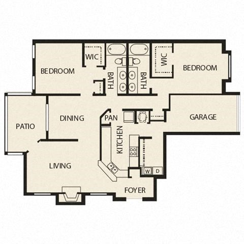 Floor plan for 2 beds, 2 baths, 1405 sqft