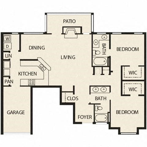 Floor plan for 2 beds, 2 baths, 1412 sqft